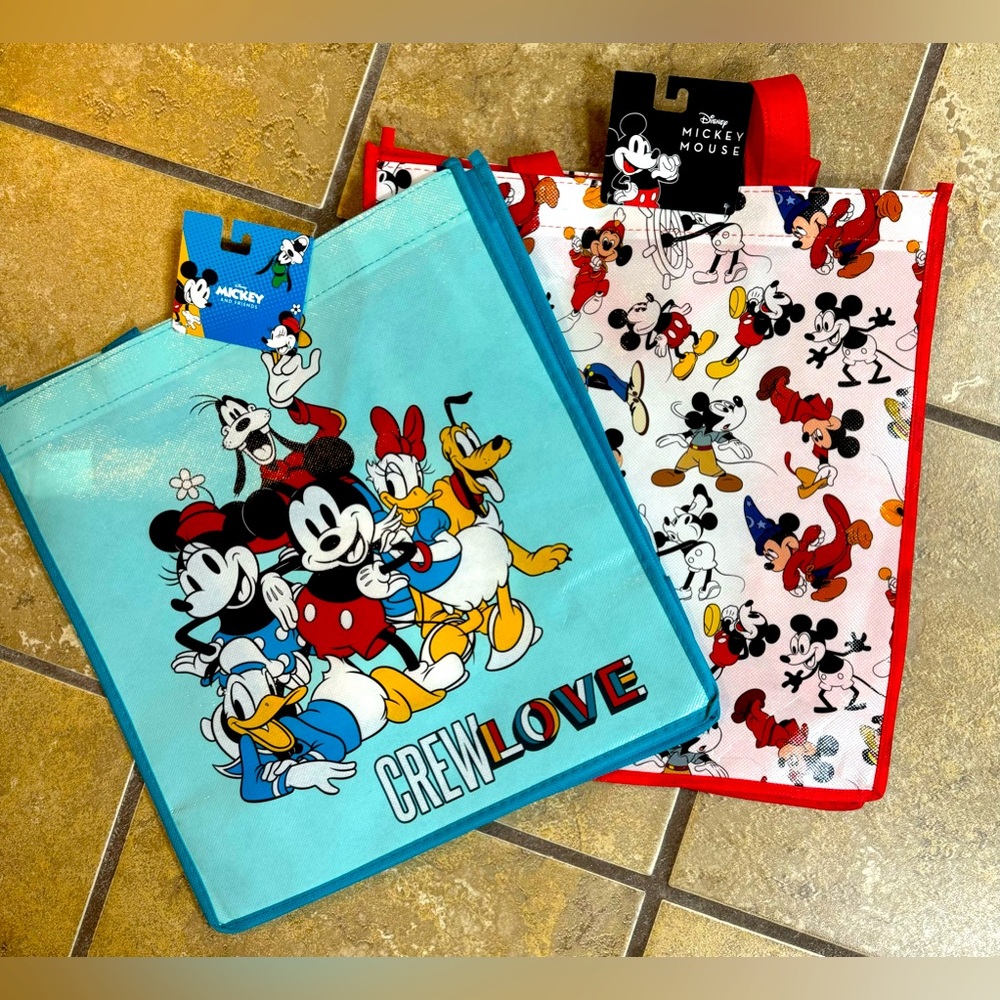 2 Disney Reusable Totes Mickey Steamboat Willie + Mickey & Friends Crew Love